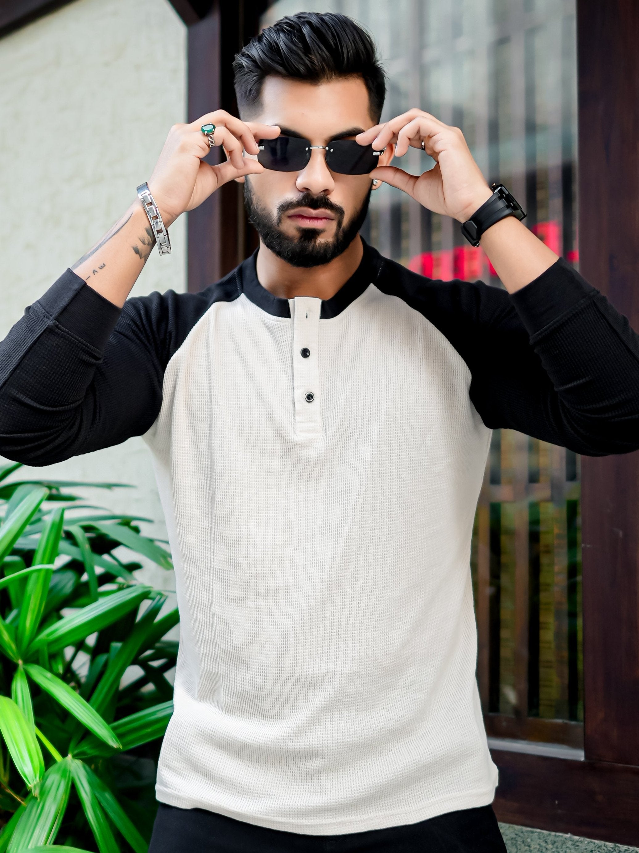 White Black Raglan Full Sleeve Waffle T-Shirt