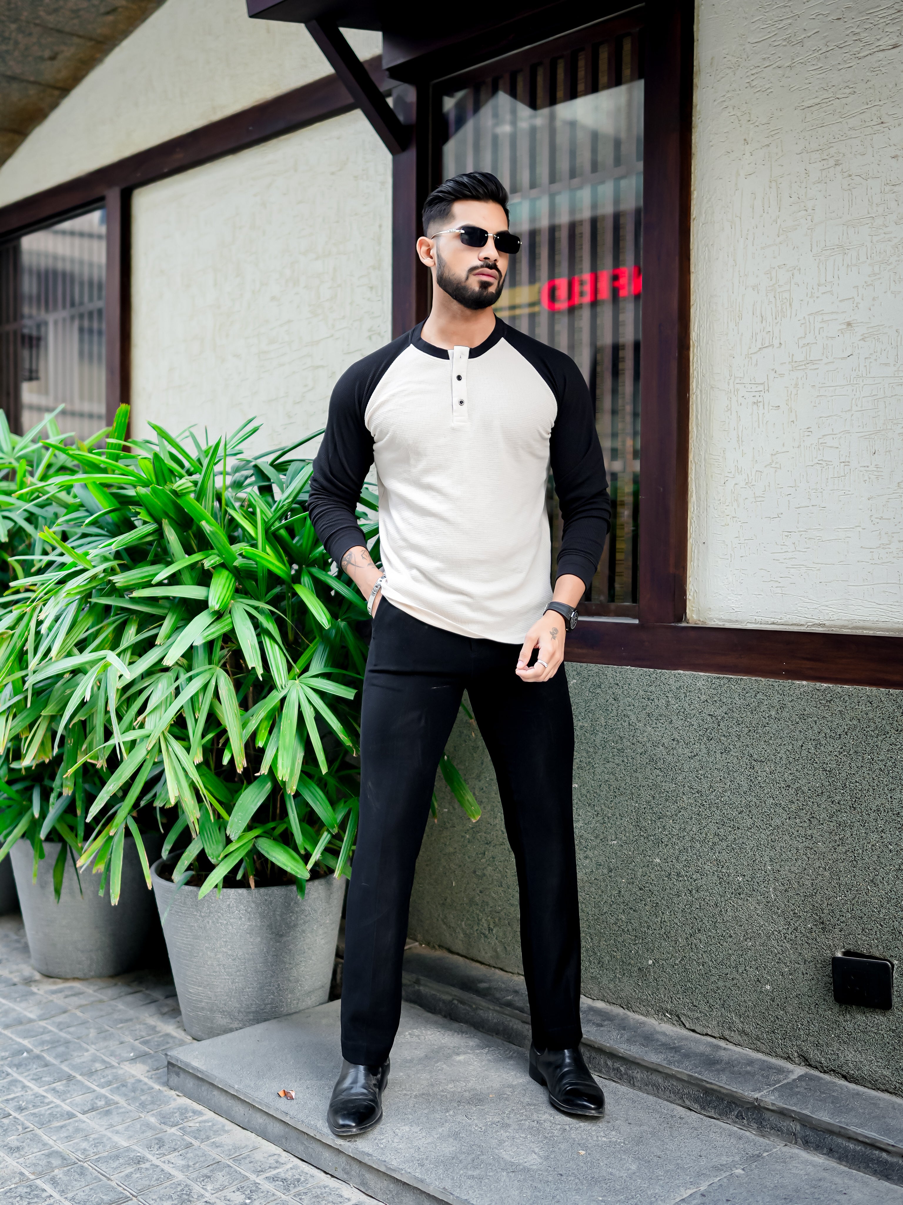 White Black Raglan Full Sleeve Waffle T-Shirt