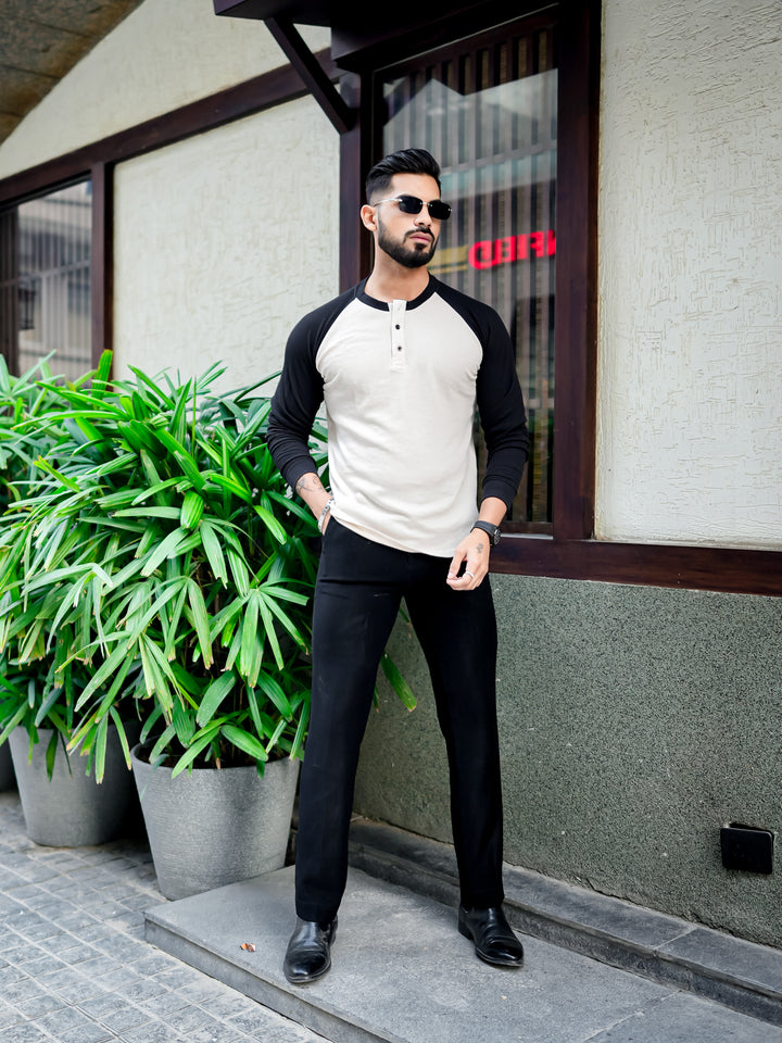 White Black Raglan Full Sleeve Waffle T-Shirt