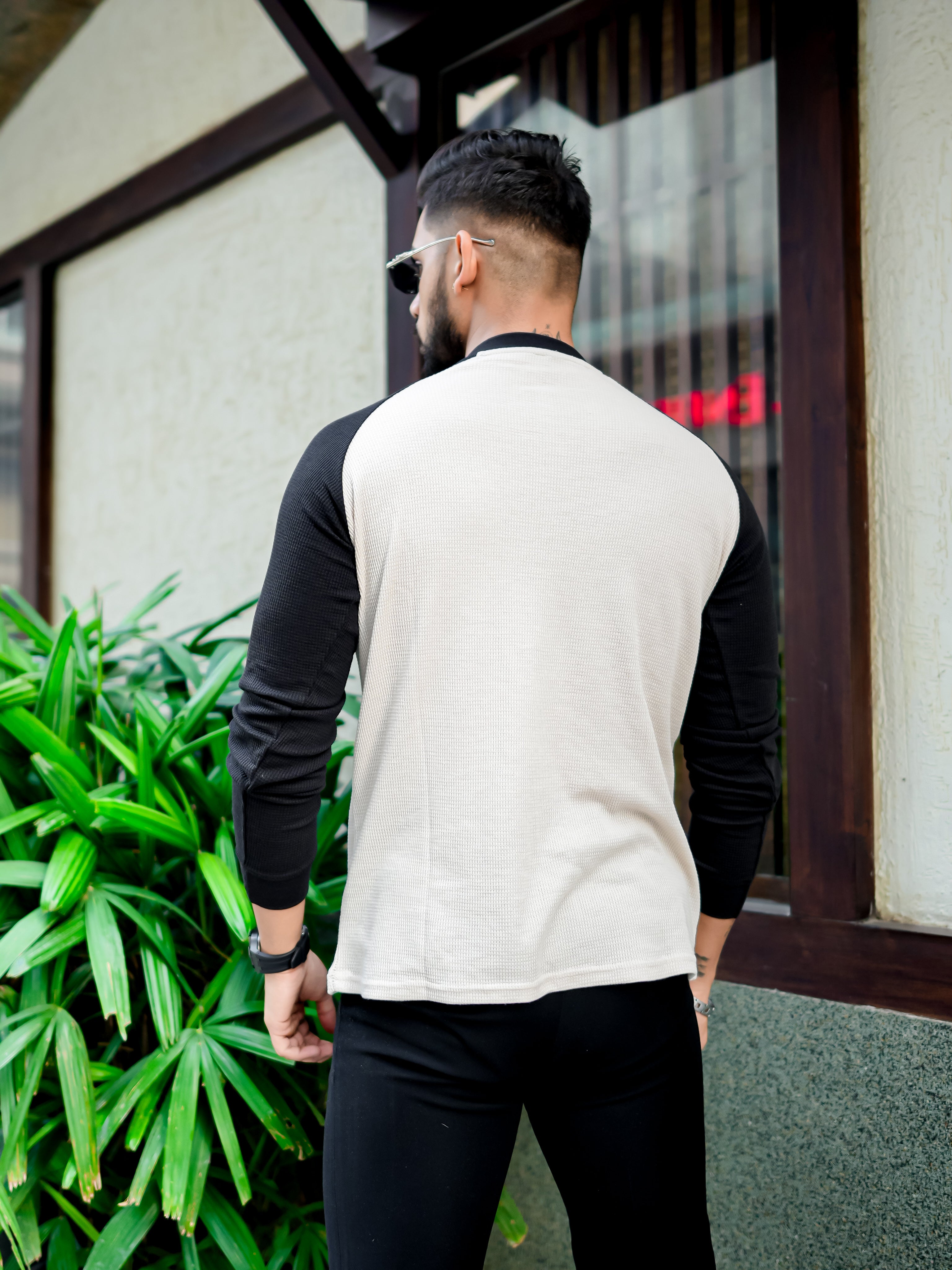 White Black Raglan Full Sleeve Waffle T-Shirt