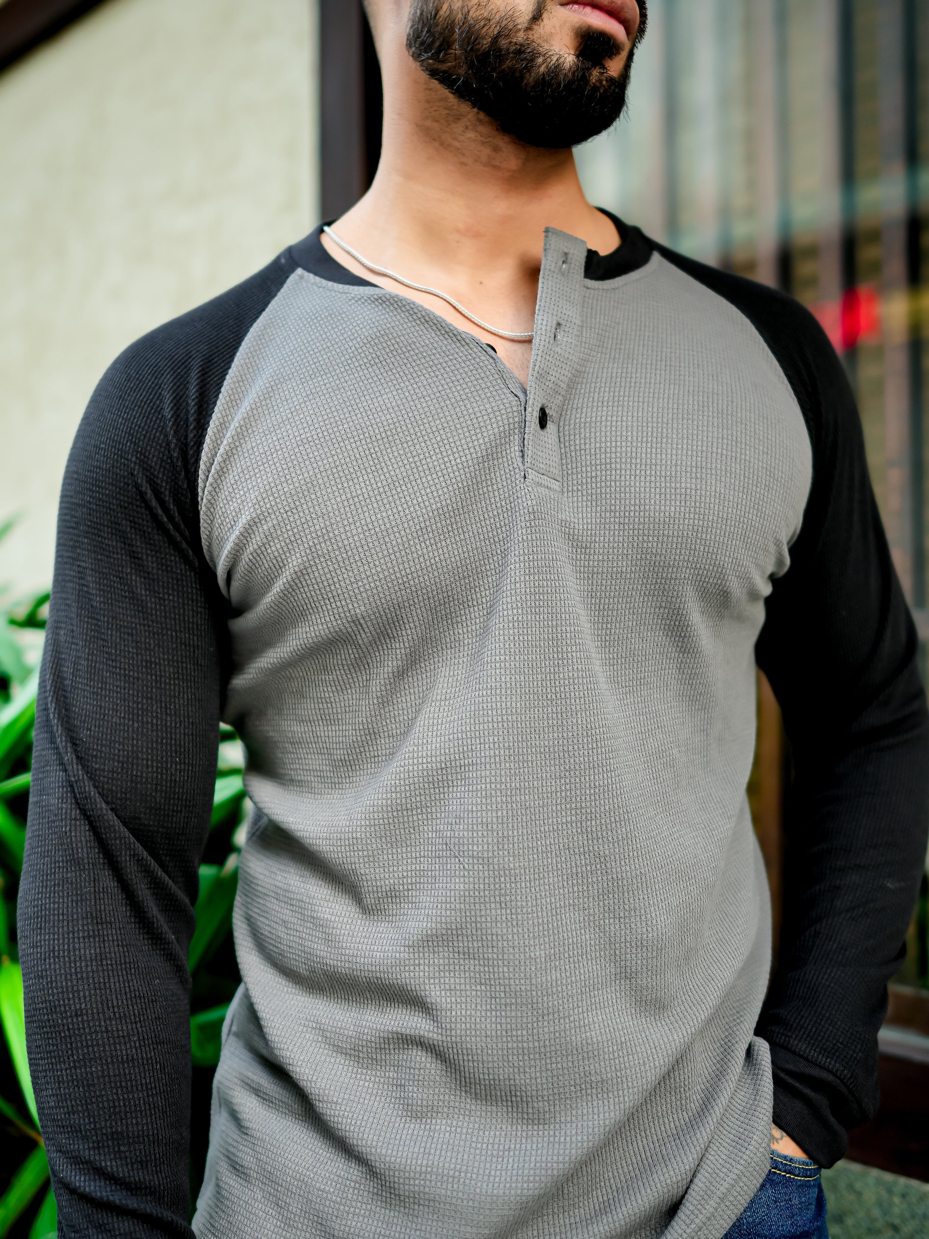Grey Black Waffle Raglan Full Sleeve T-Shirt