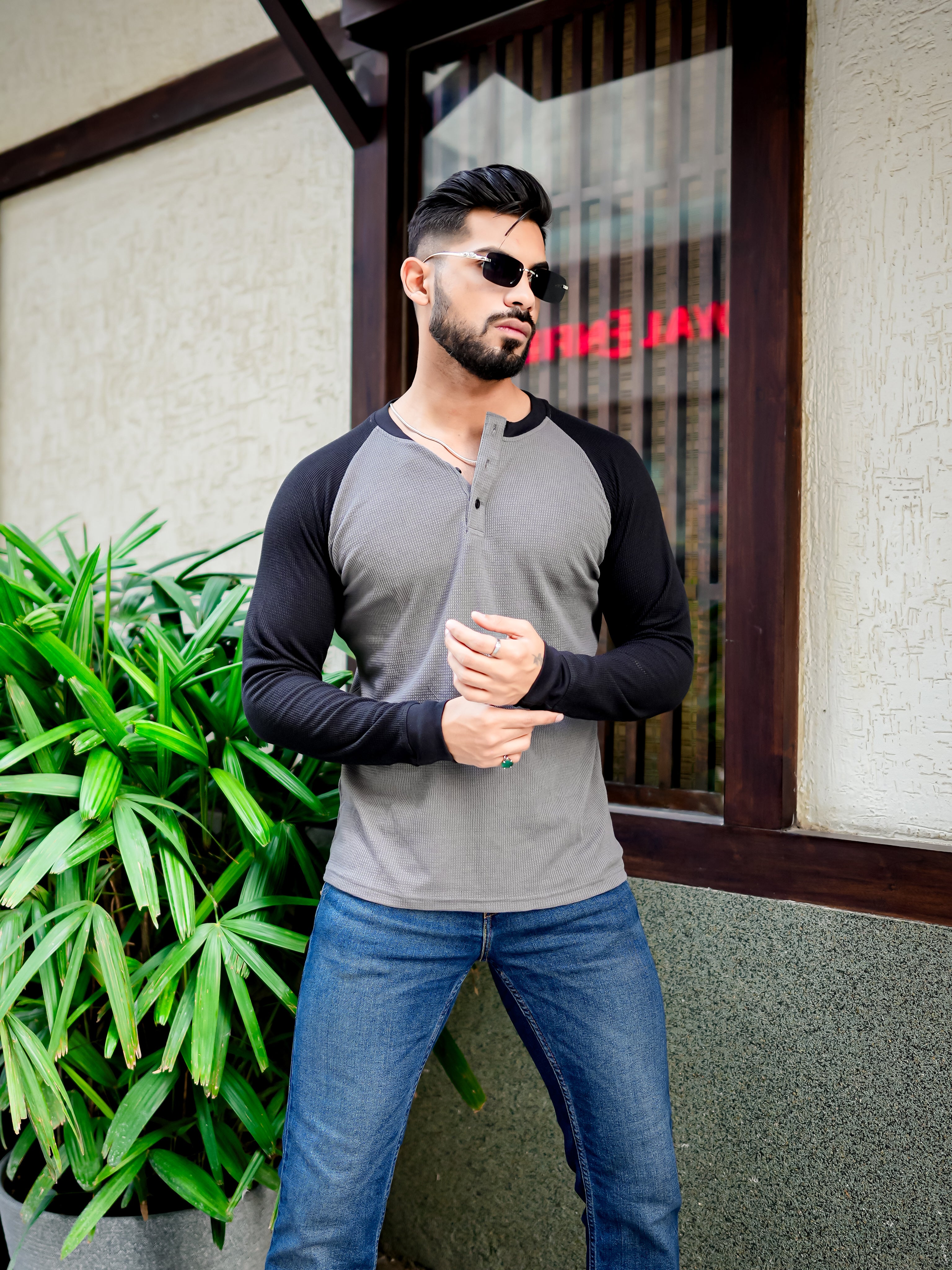 Grey Black Waffle Raglan Full Sleeve T-Shirt