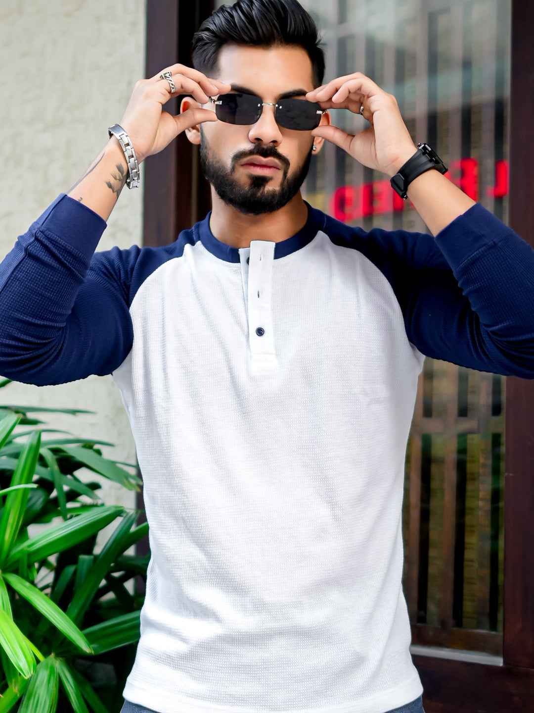 White Navy Waffle Raglan Full Sleeve T-Shirt