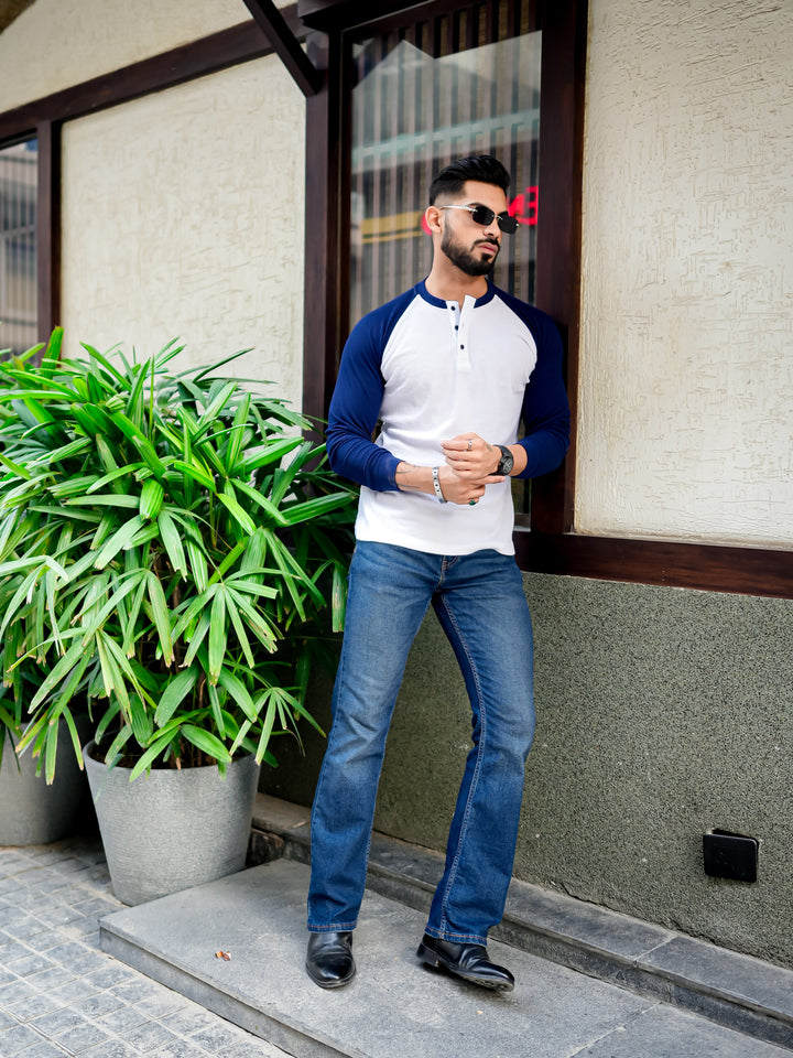 White Navy Waffle Raglan Full Sleeve T-Shirt