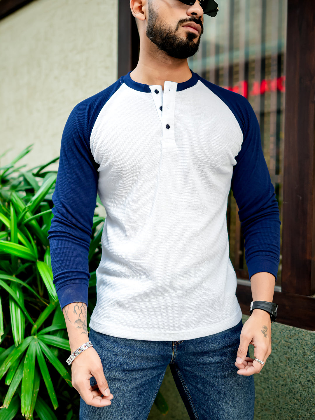 White Navy Waffle Raglan Full Sleeve T-Shirt