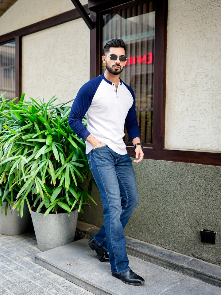 White Navy Waffle Raglan Full Sleeve T-Shirt