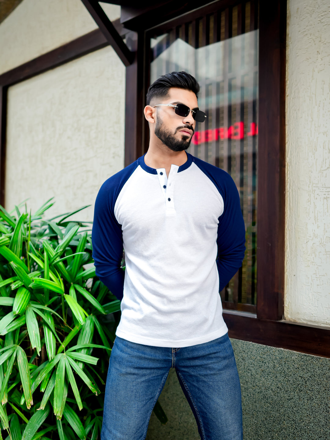 White Navy Waffle Raglan Full Sleeve T-Shirt