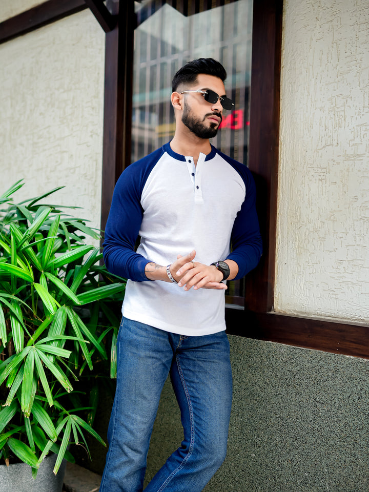 White Navy Waffle Raglan Full Sleeve T-Shirt
