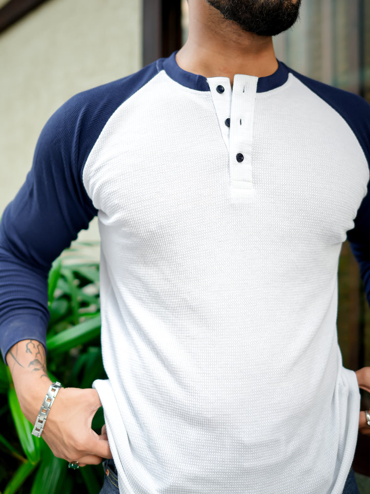 White Navy Waffle Raglan Full Sleeve T-Shirt