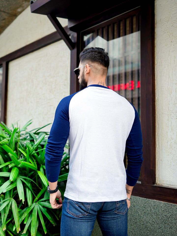 White Navy Waffle Raglan Full Sleeve T-Shirt