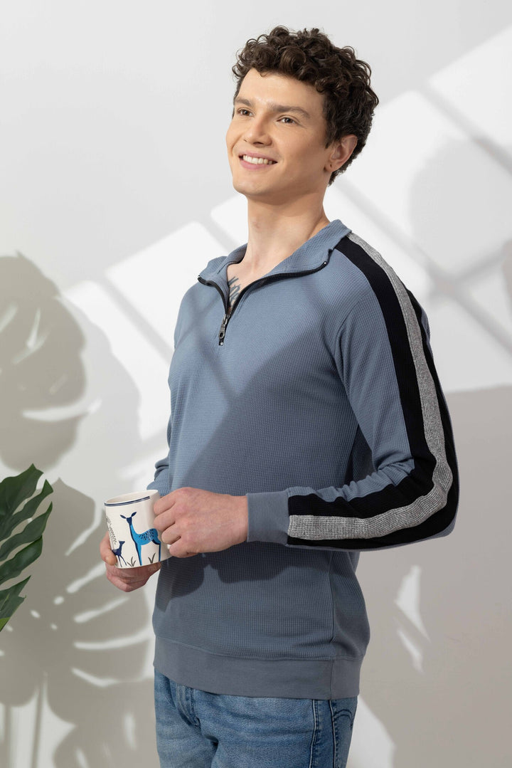 Light Blue Self Design Zipper T-Shirt