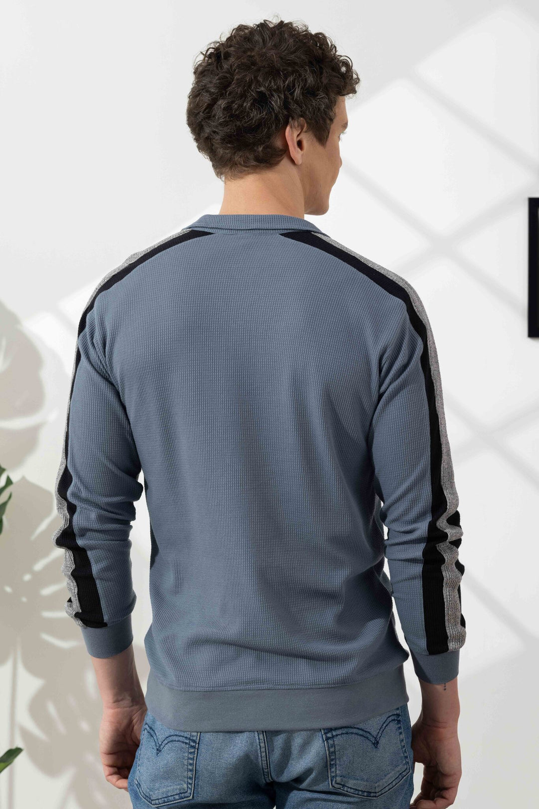 Light Blue Self Design Zipper T-Shirt