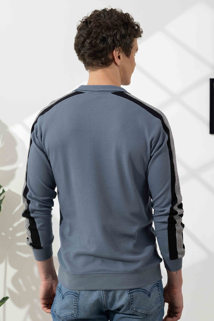 Light Blue Self Design Zipper T-Shirt