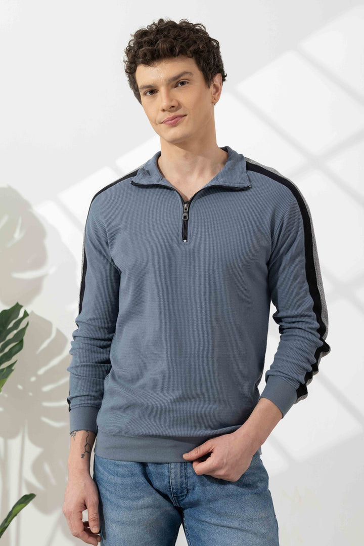 Light Blue Self Design Zipper T-Shirt