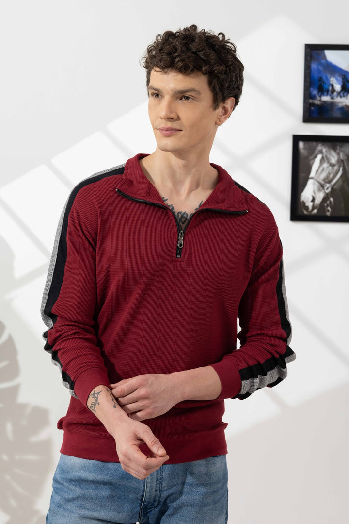 Maroon Self Design Zipper Collar T-Shirt