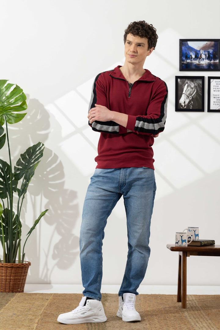 Maroon Self Design Zipper Collar T-Shirt