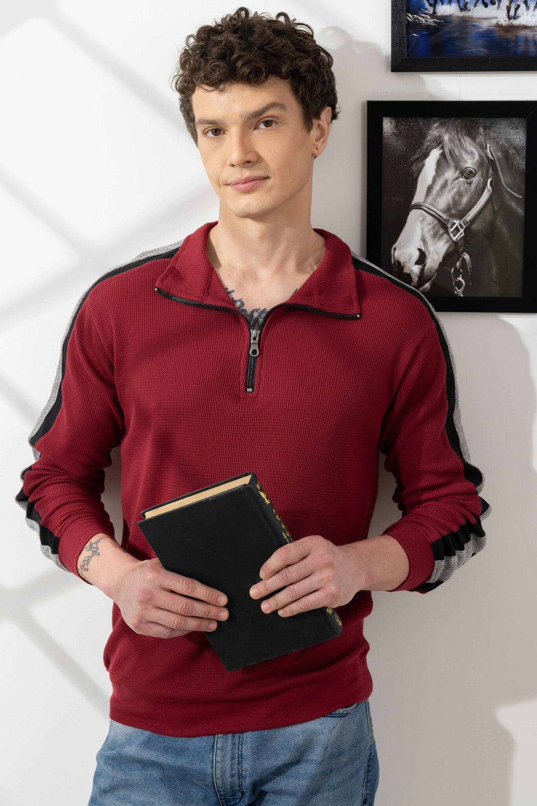 Maroon Self Design Zipper Collar T-Shirt