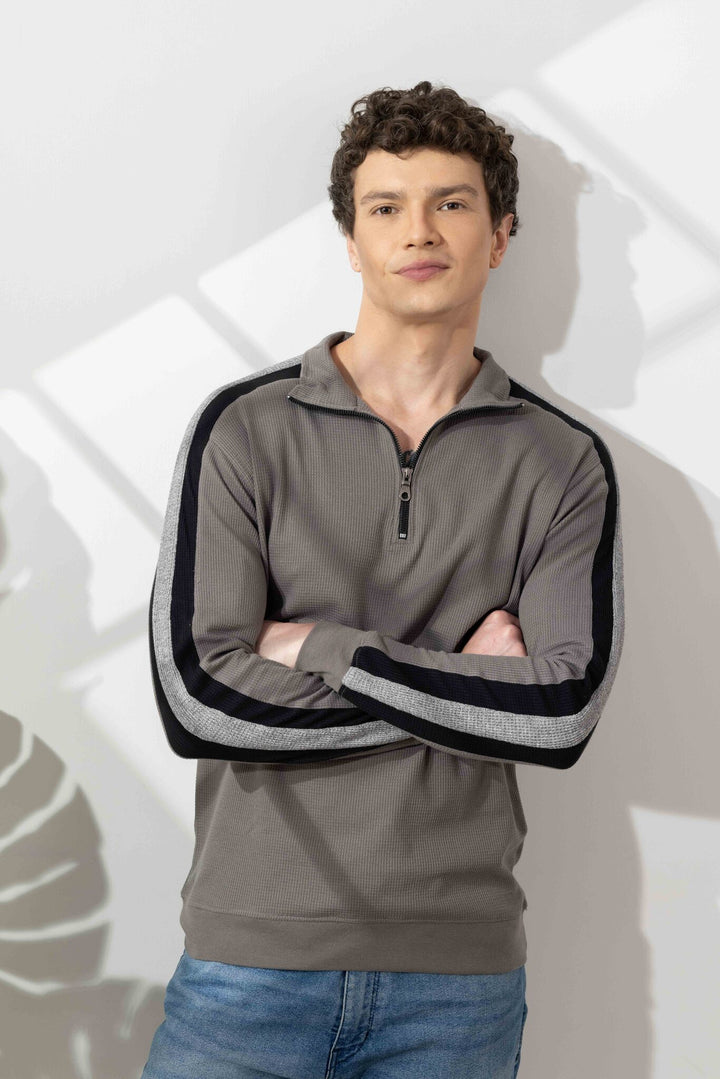 Grey Self Design Zipper Collar T-Shirt