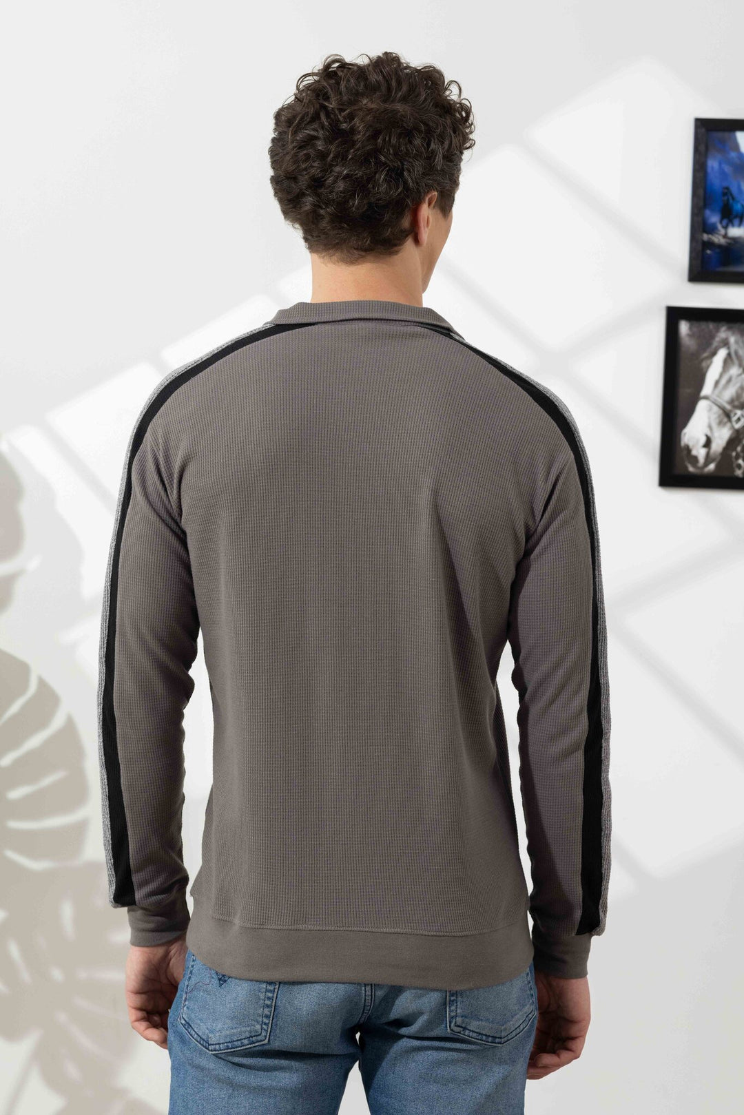 Grey Self Design Zipper Collar T-Shirt