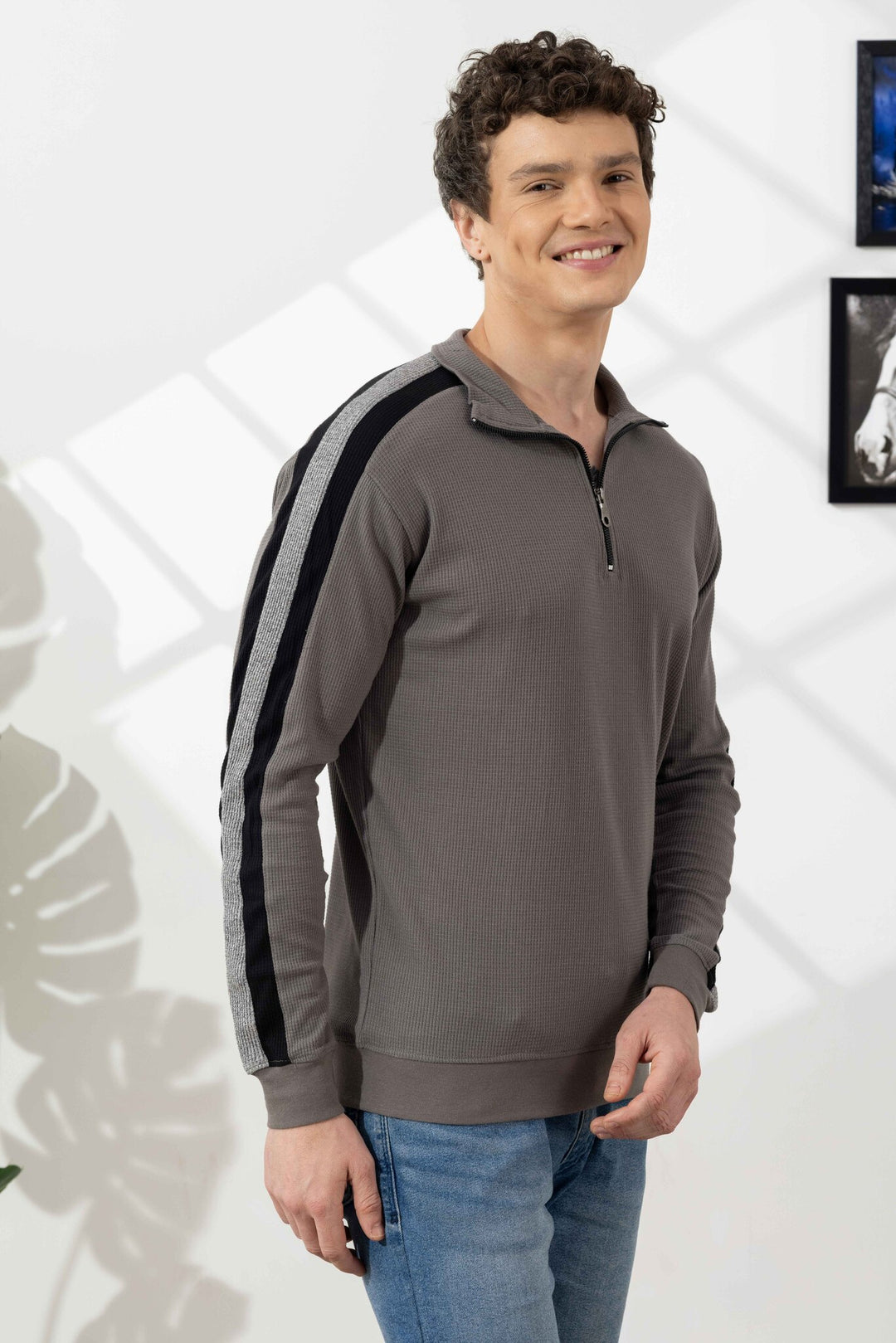 Grey Self Design Zipper Collar T-Shirt