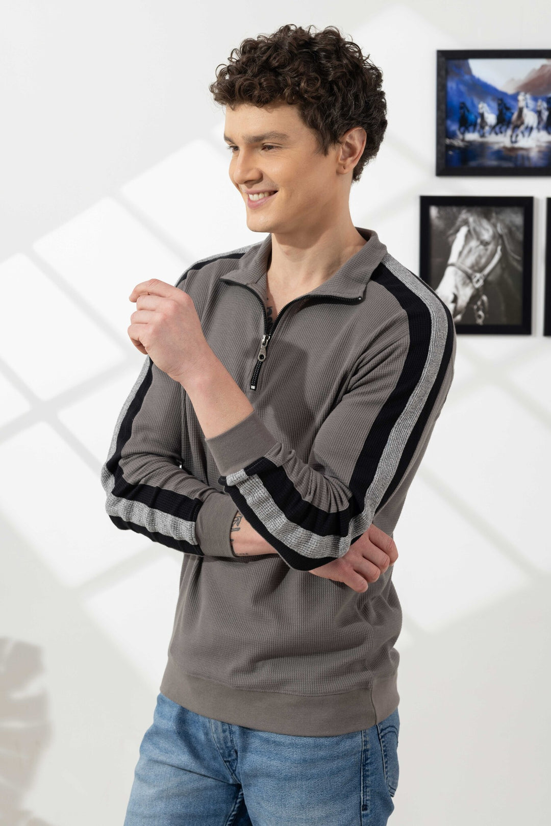 Grey Self Design Zipper Collar T-Shirt