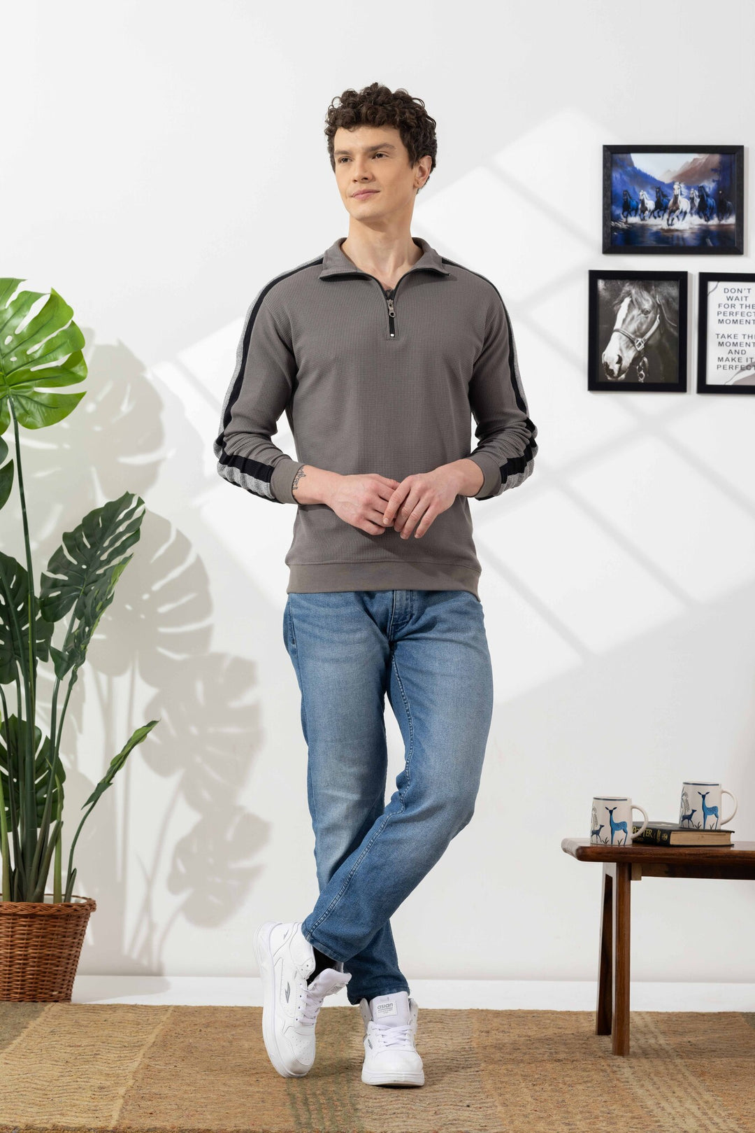 Grey Self Design Zipper Collar T-Shirt