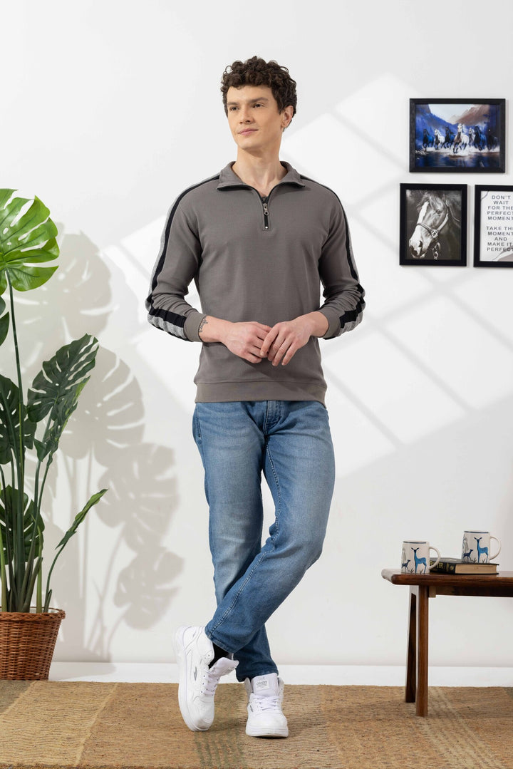 Grey Self Design Zipper Collar T-Shirt