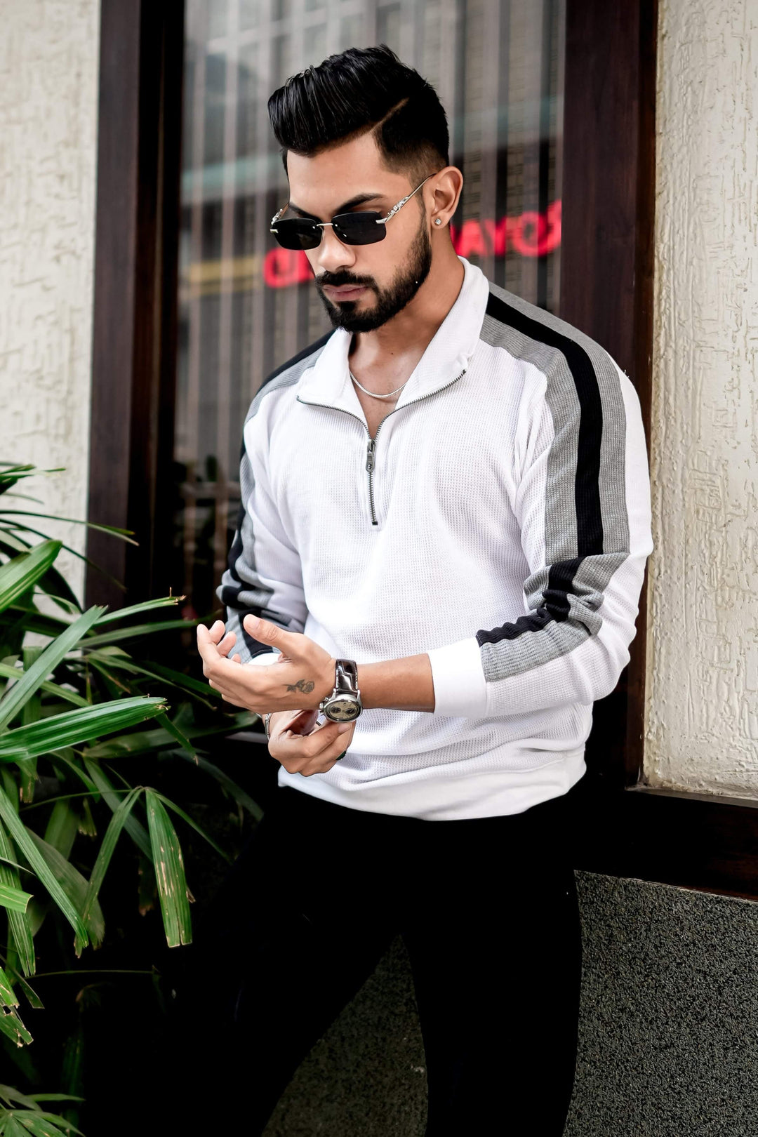 White Color Block Waffle Zipper T-Shirt