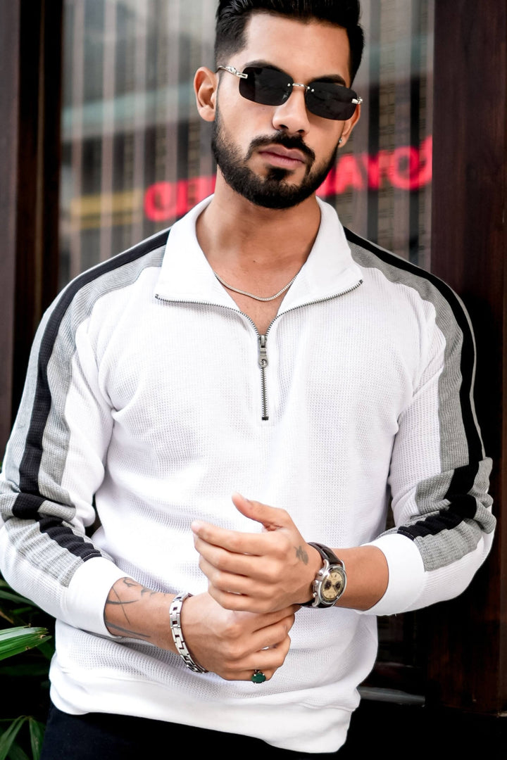 White Color Block Waffle Zipper T-Shirt