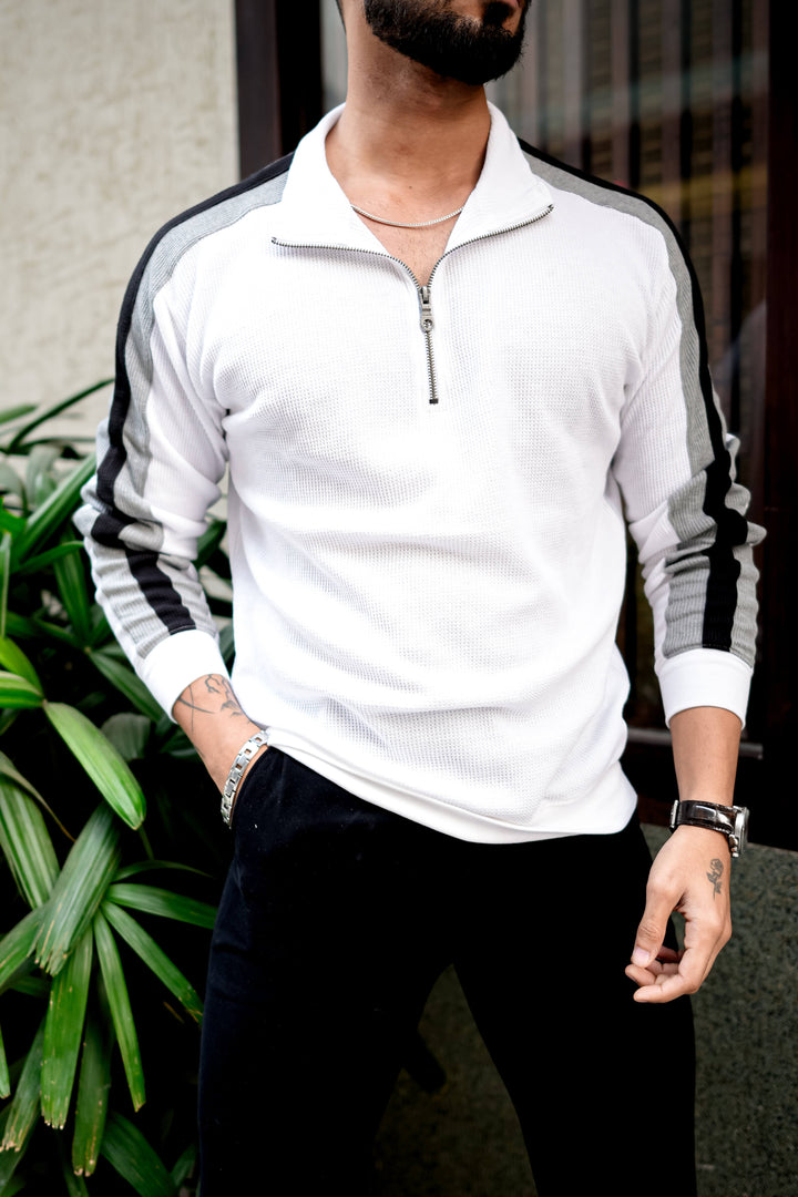 White Color Block Waffle Zipper T-Shirt