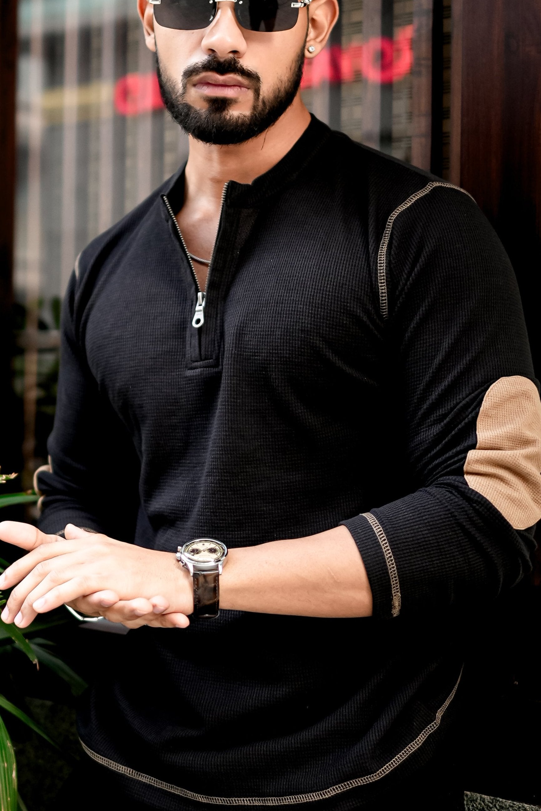 Black Cross Stitched Elbow Patch Waffle Zipper T-Shirt