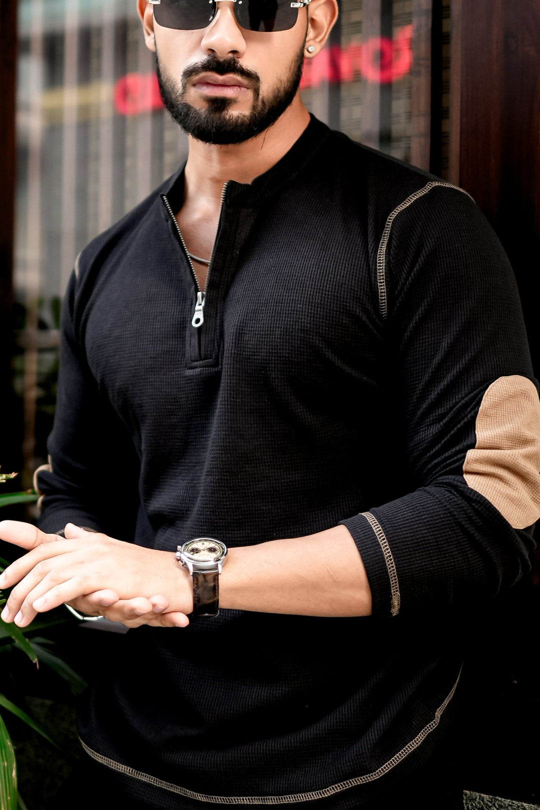 Black Cross Stitched Elbow Patch Waffle Zipper T-Shirt