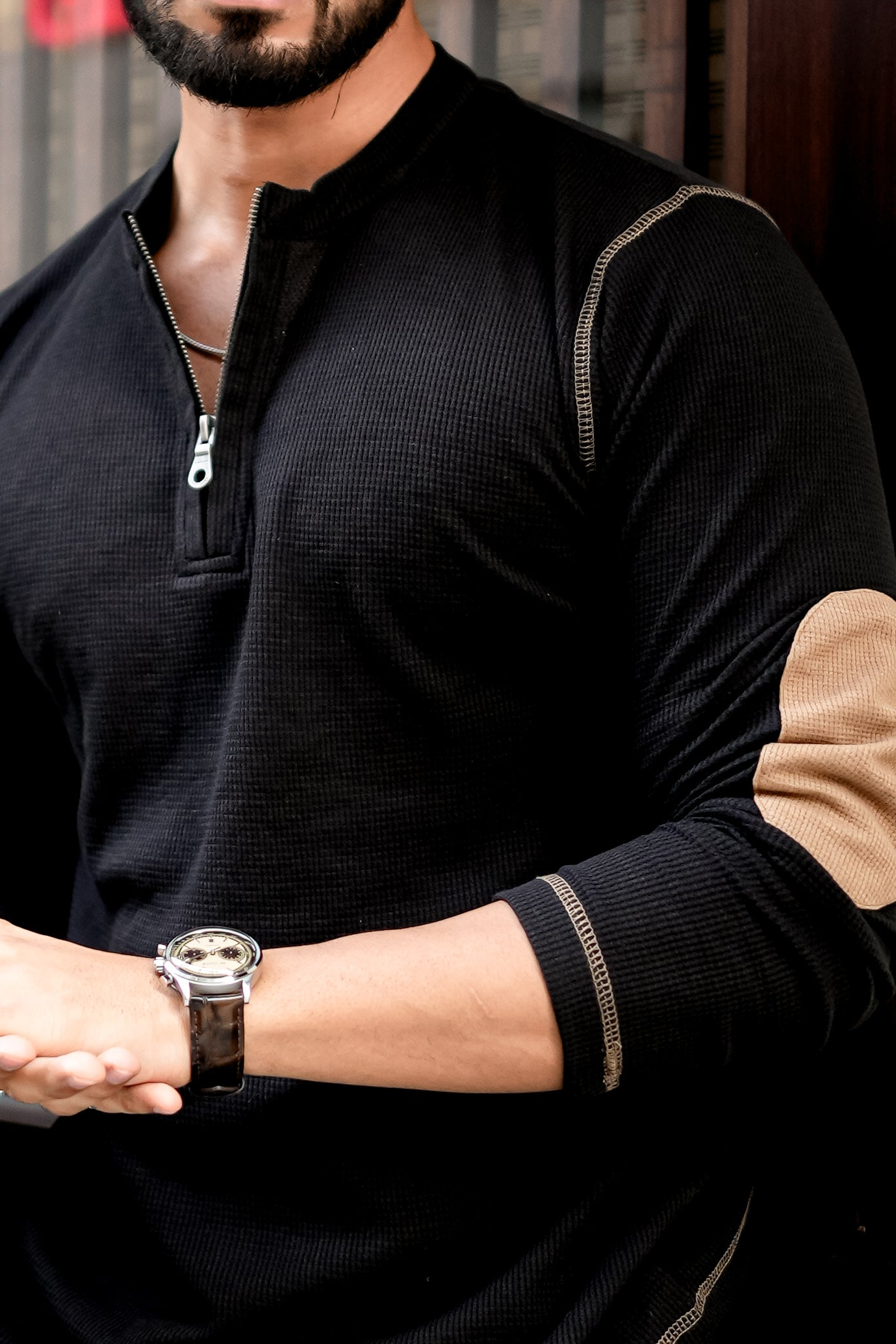 Black Cross Stitched Elbow Patch Waffle Zipper T-Shirt