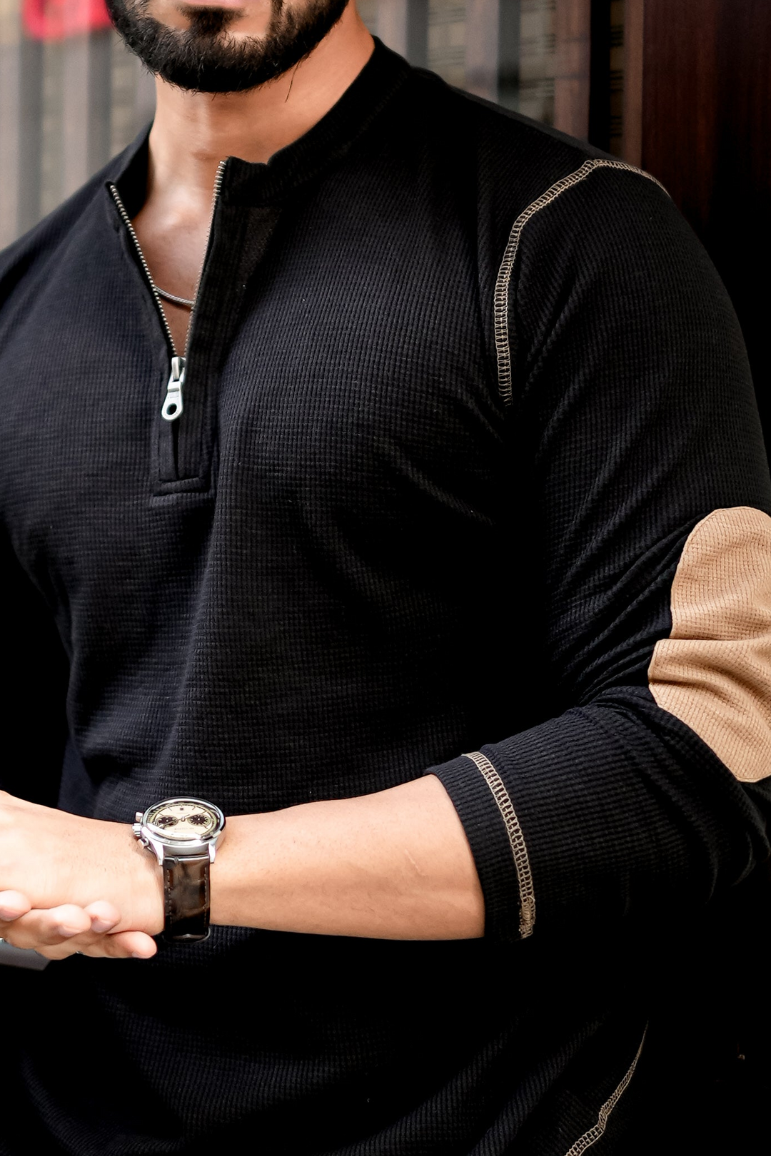 Black Cross Stitched Elbow Patch Waffle Zipper T-Shirt
