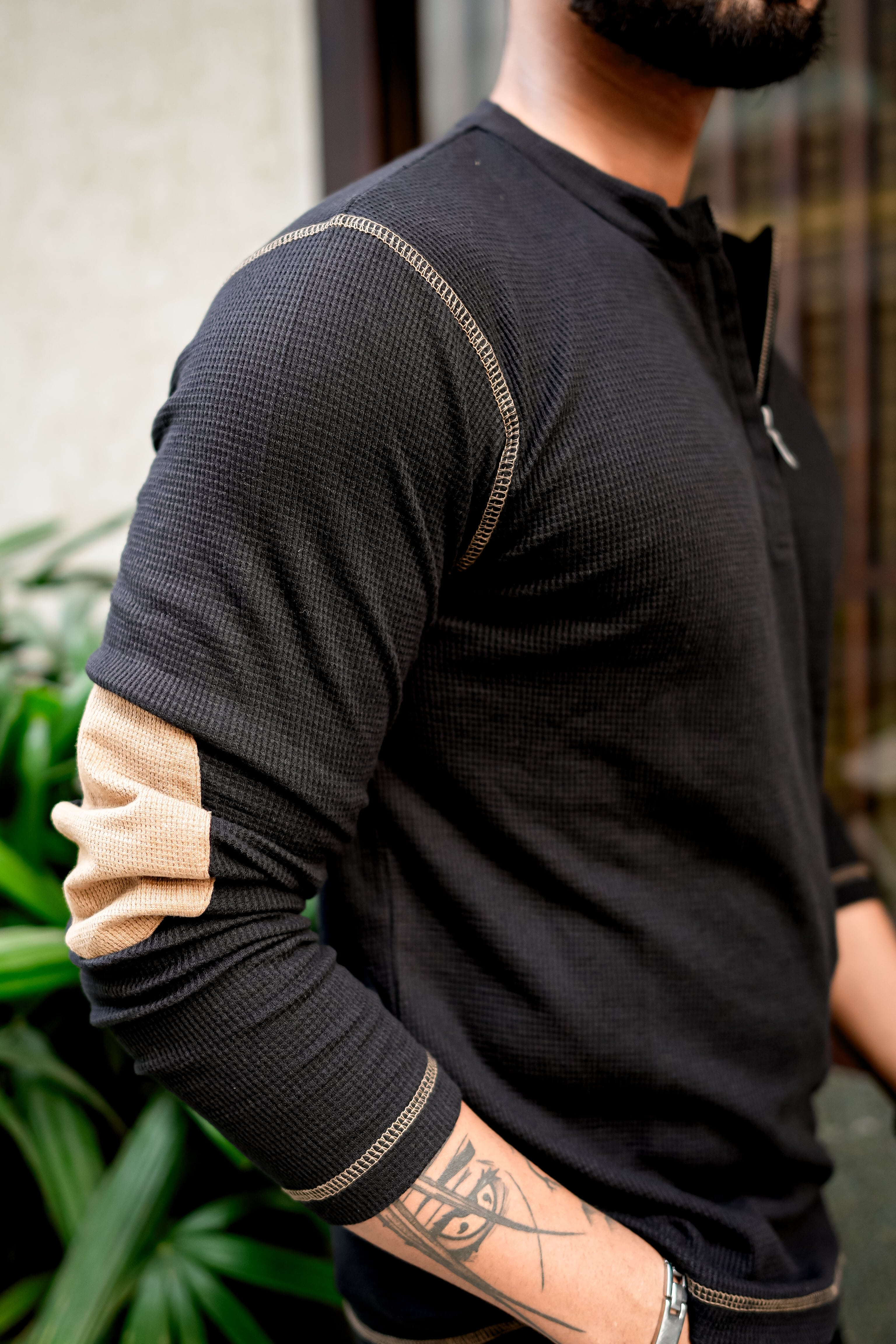Black Cross Stitched Elbow Patch Waffle Zipper T-Shirt