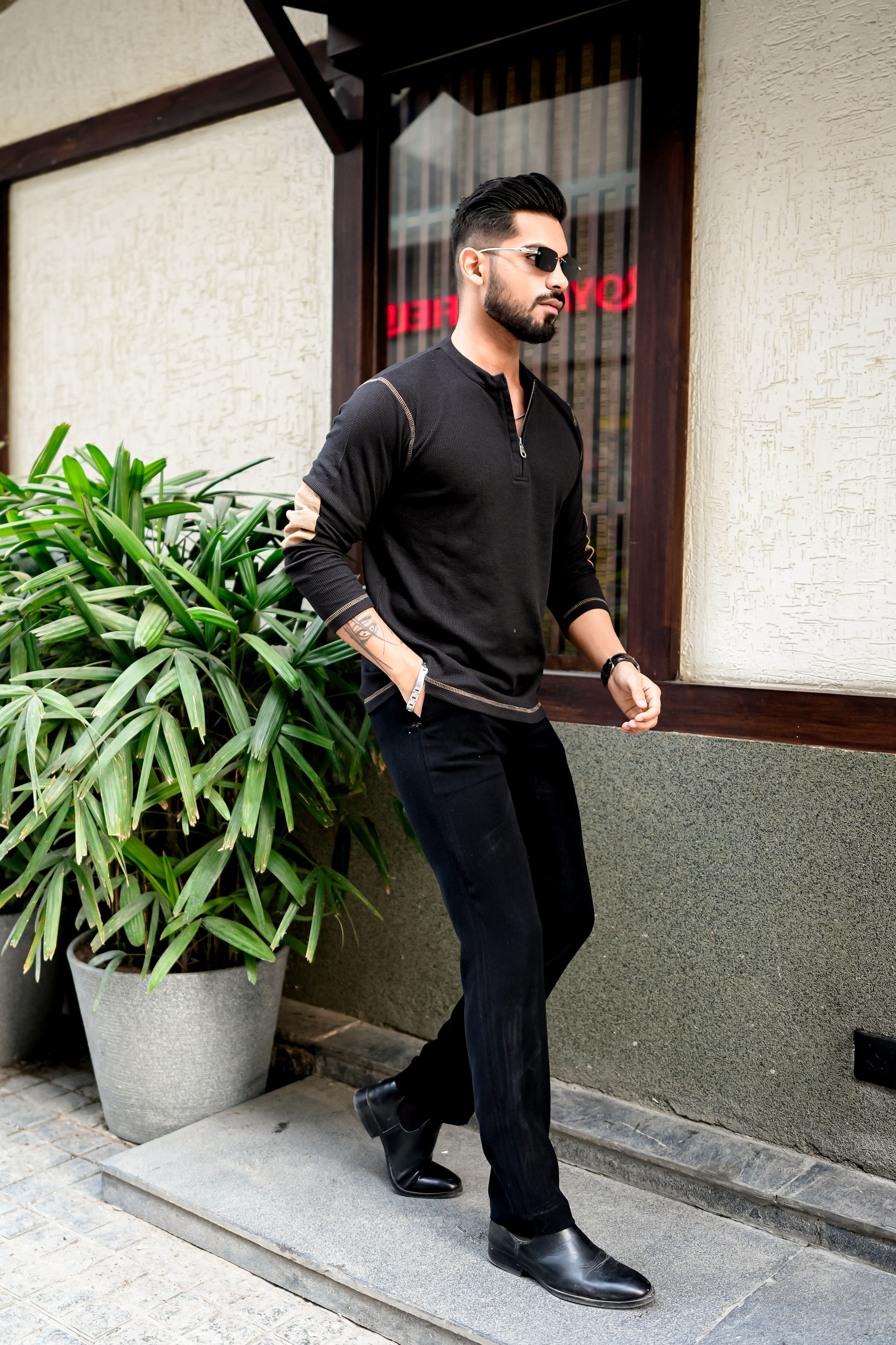 Black Cross Stitched Elbow Patch Waffle Zipper T-Shirt