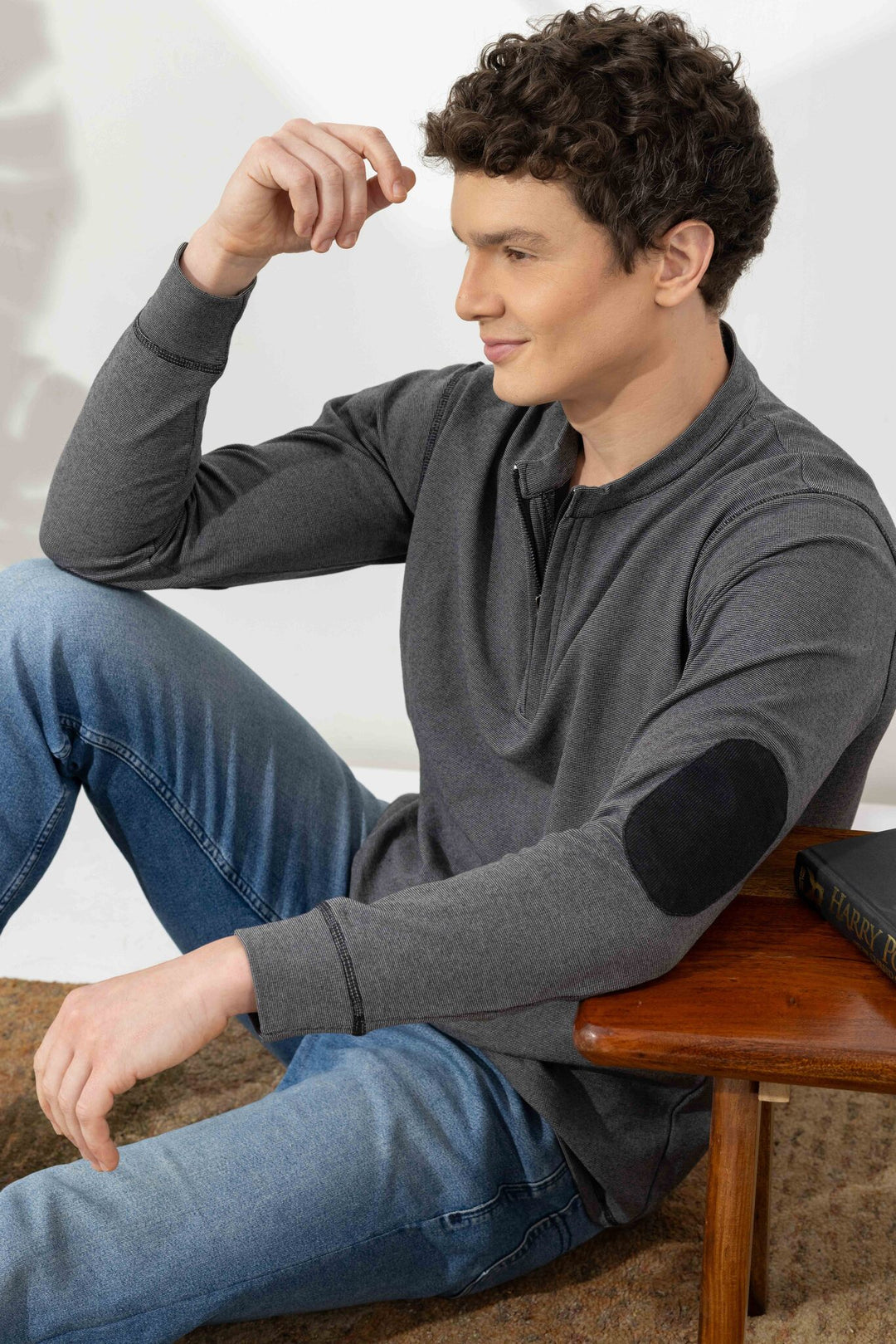 Dark Grey Cross Stitched Elbow Patch Waffle Zipper T-Shirt