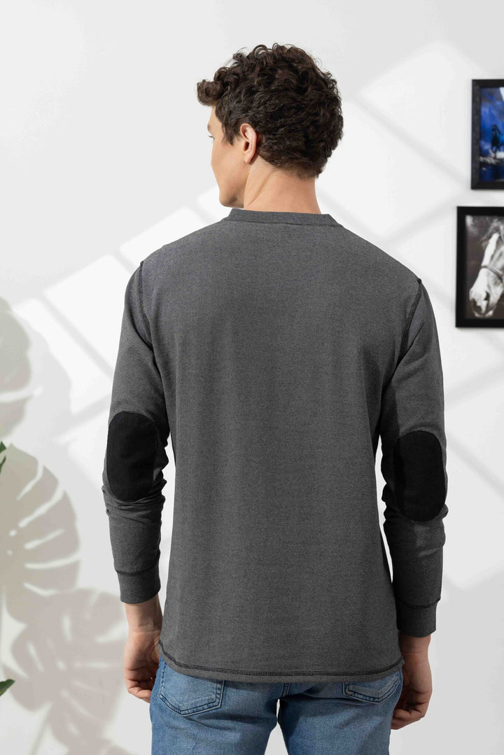 Dark Grey Cross Stitched Elbow Patch Waffle Zipper T-Shirt