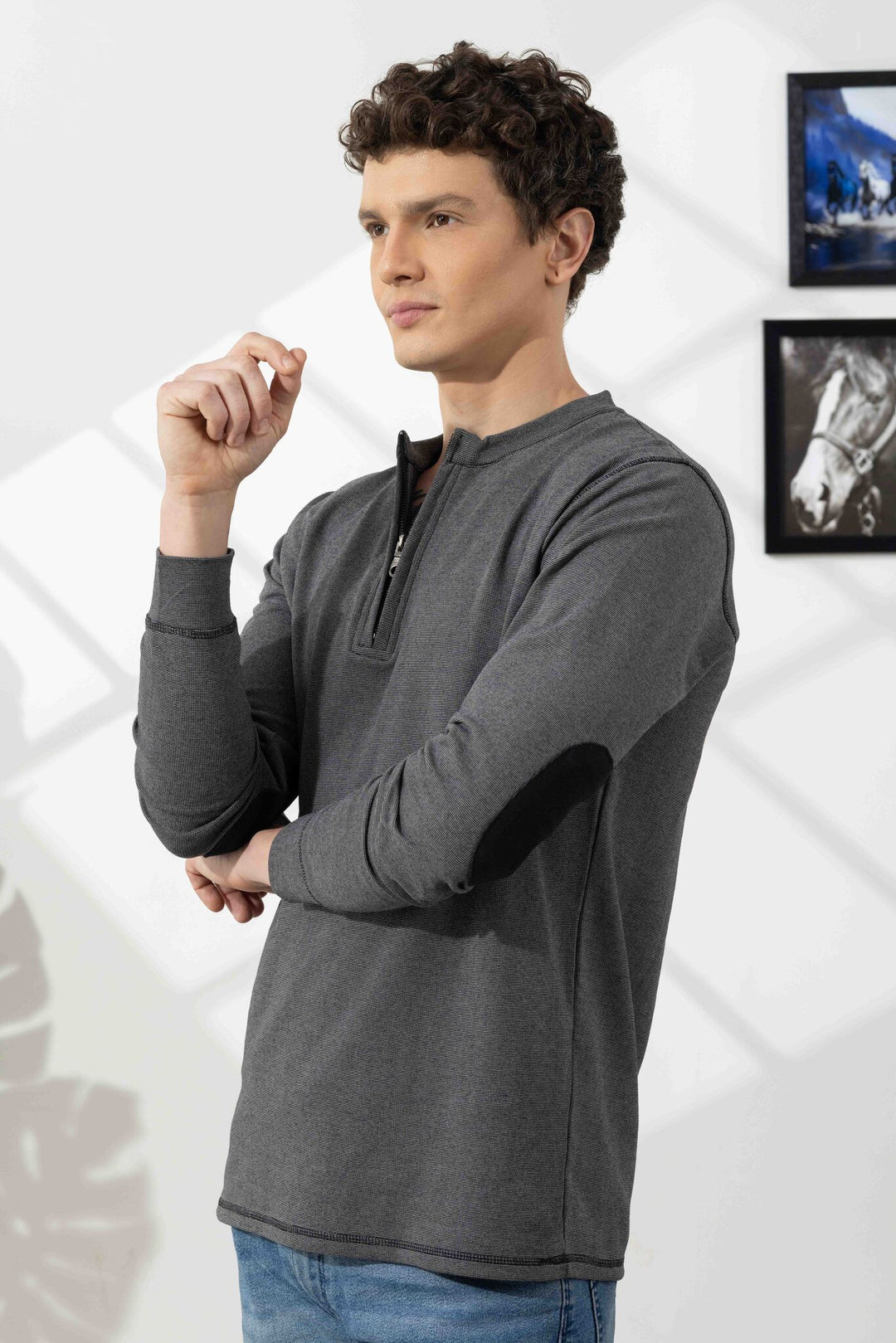 Dark Grey Cross Stitched Elbow Patch Waffle Zipper T-Shirt