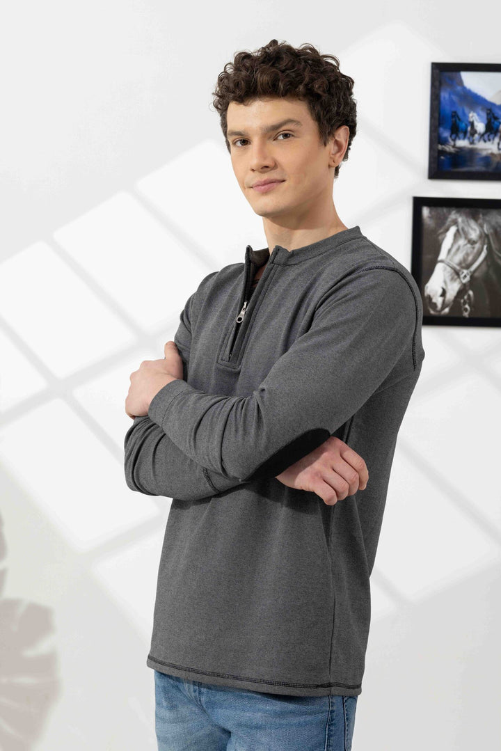 Dark Grey Cross Stitched Elbow Patch Waffle Zipper T-Shirt