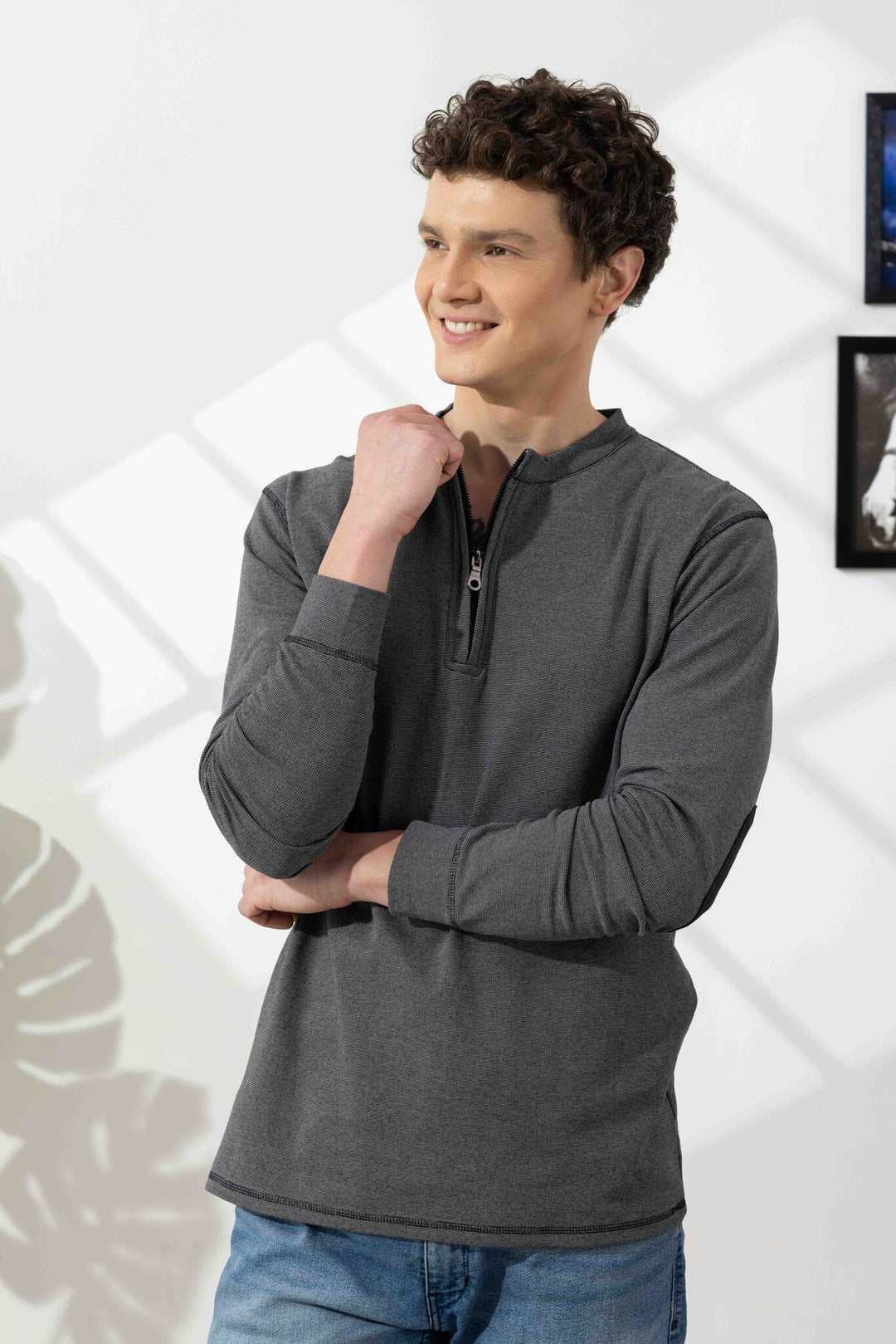 Dark Grey Cross Stitched Elbow Patch Waffle Zipper T-Shirt