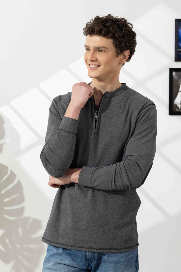 Dark Grey Cross Stitched Elbow Patch Waffle Zipper T-Shirt