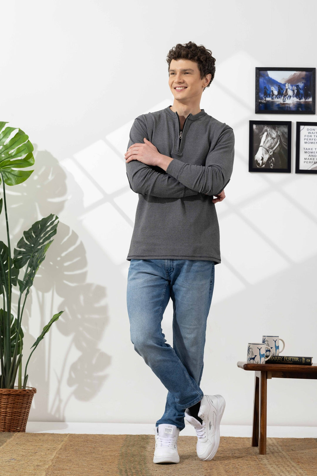 Dark Grey Cross Stitched Elbow Patch Waffle Zipper T-Shirt