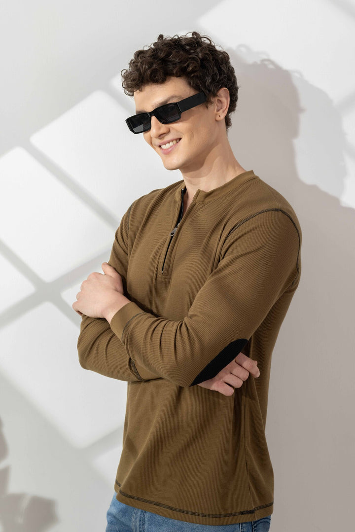 Olive Cross Stitched Elbow Patch Waffle Zipper T-Shirt