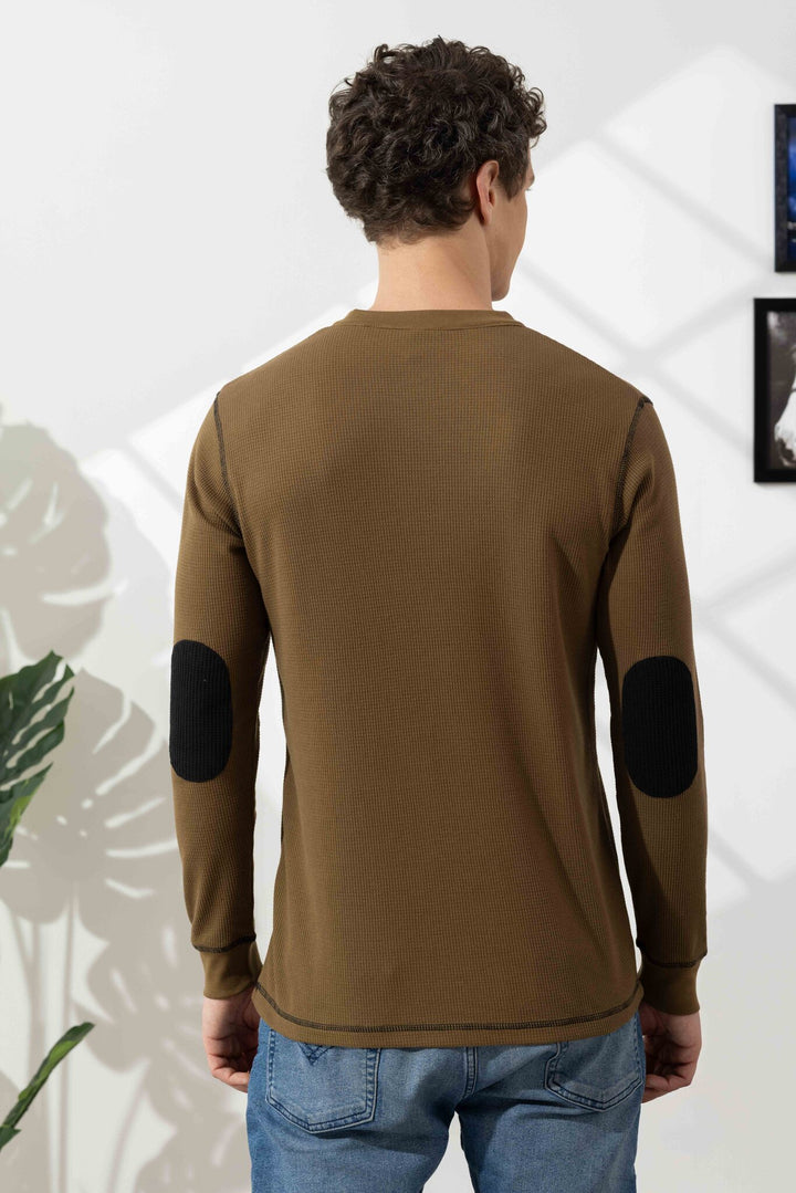 Olive Cross Stitched Elbow Patch Waffle Zipper T-Shirt