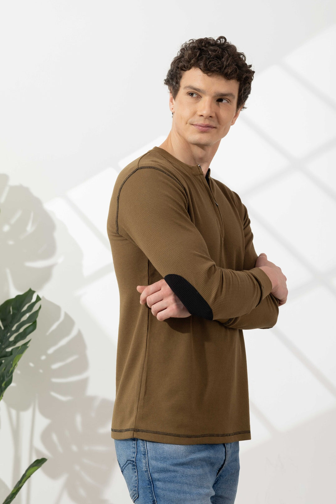 Olive Cross Stitched Elbow Patch Waffle Zipper T-Shirt