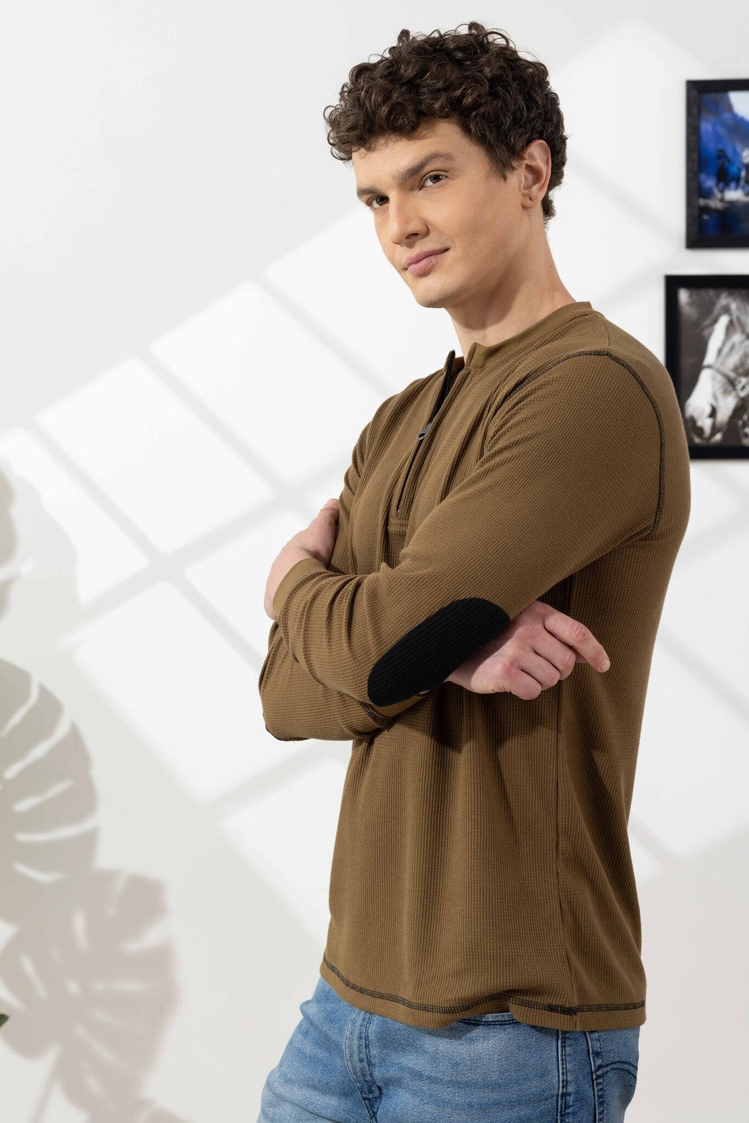 Olive Cross Stitched Elbow Patch Waffle Zipper T-Shirt