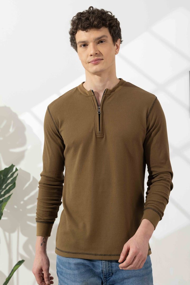 Olive Cross Stitched Elbow Patch Waffle Zipper T-Shirt