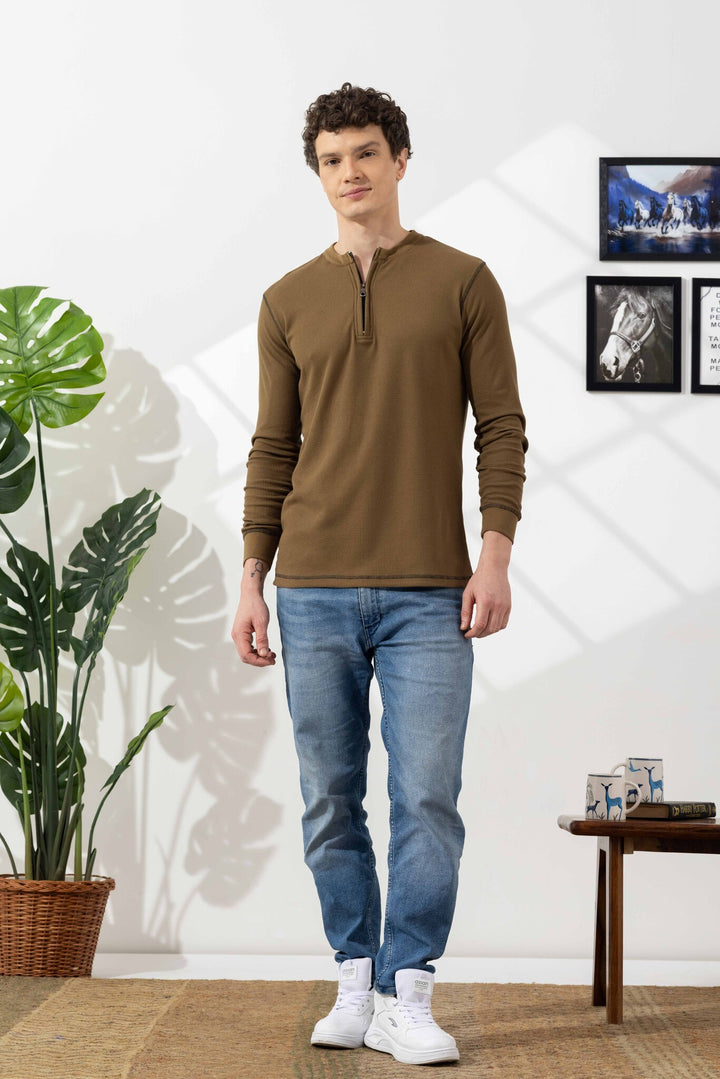 Olive Cross Stitched Elbow Patch Waffle Zipper T-Shirt