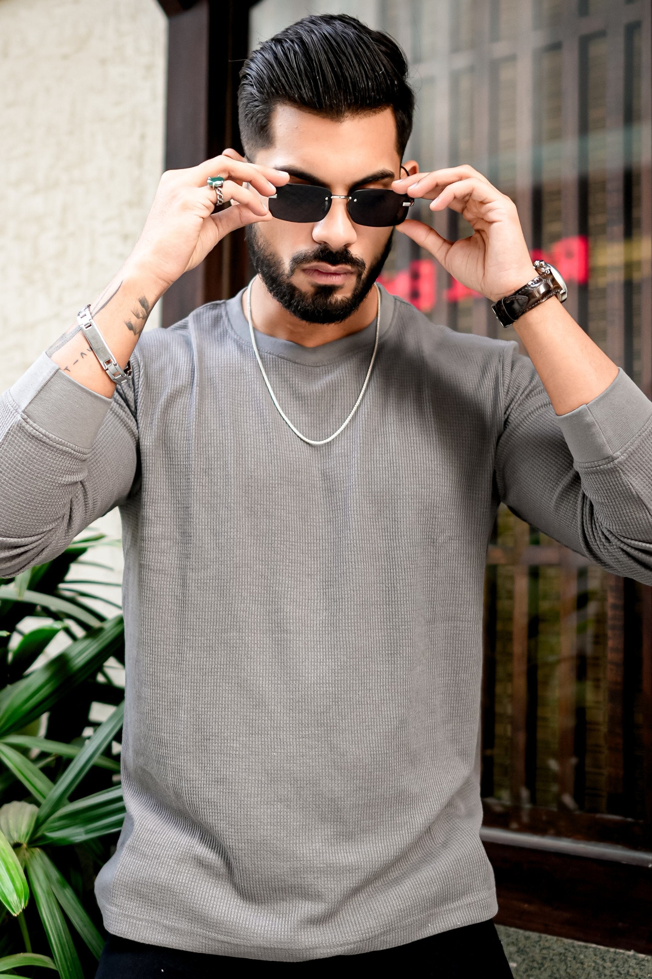 Grey Waffle Round Neck T-Shirt